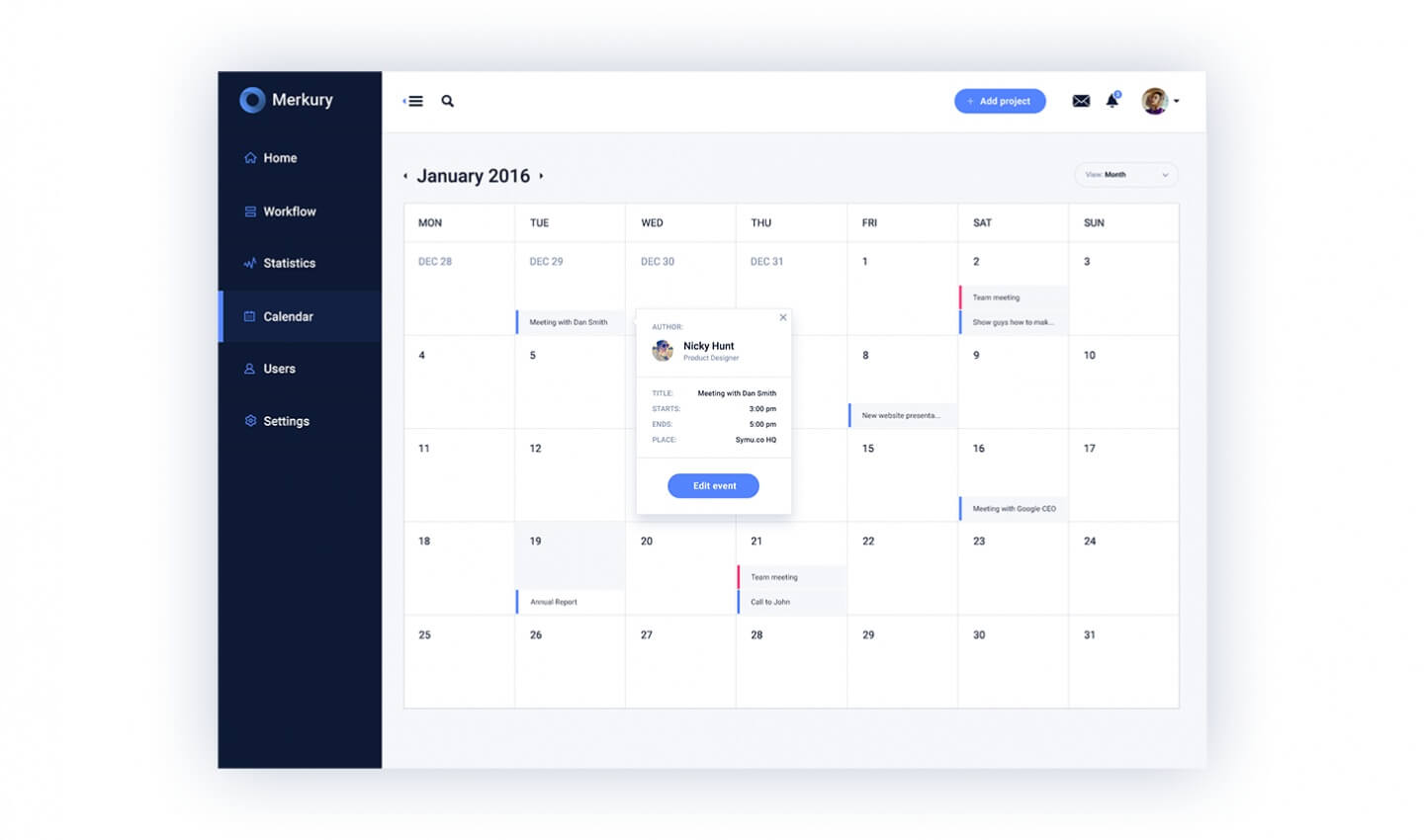 Free UI Kit Merkury Dashboard - calendar